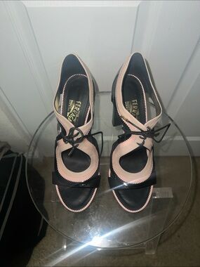Salvatore Ferragamo Pink and Black Lace-Up Block Heel Sandals